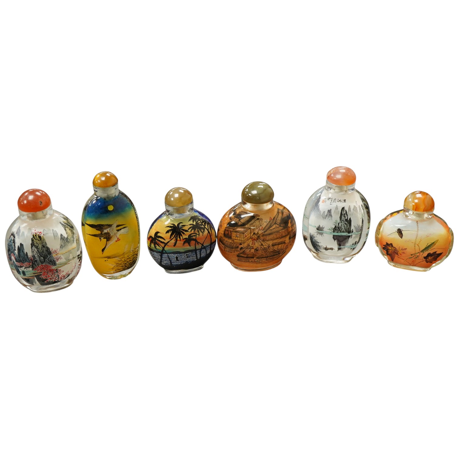 Six Chinese inside painted glass 'landscape' snuff bottles